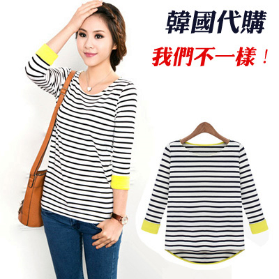 韩版2016春季新款大码女装宽松显瘦打底衫前短后长条纹纯棉t恤夏