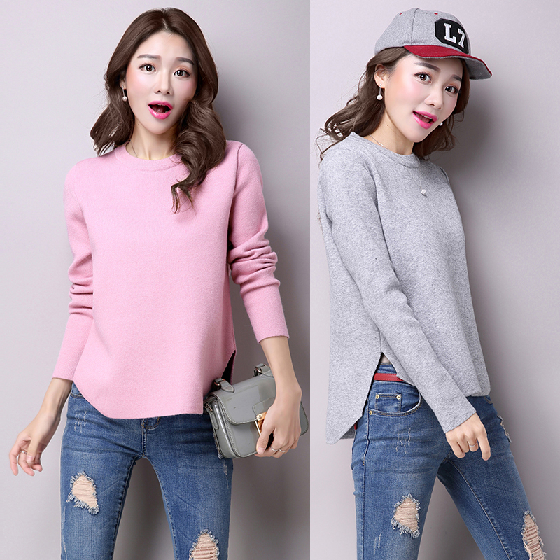 2016春季韩版 前短后长开衩纯色圆领 宽松打底针织衫套头毛衣女潮