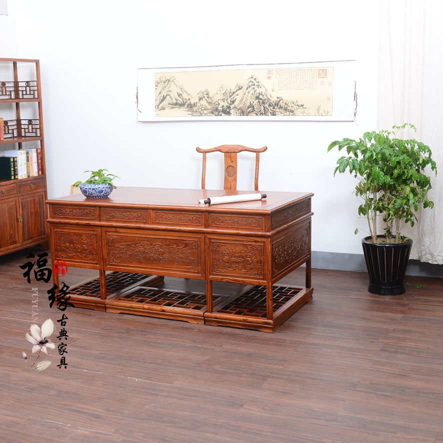 仿古实木书桌 中式榆木办公桌书桌写字台电脑桌 1.8米挡板大班台