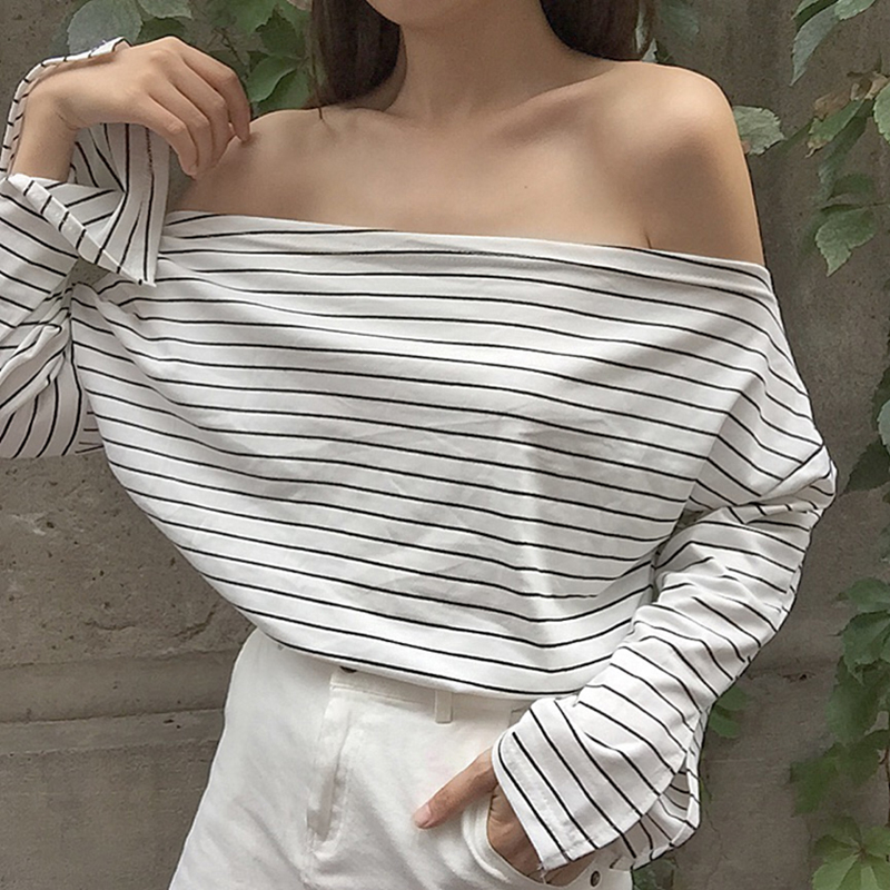 2016新款一字领露肩横条纹开叉长袖T恤女韩版宽松性感上衣体恤潮