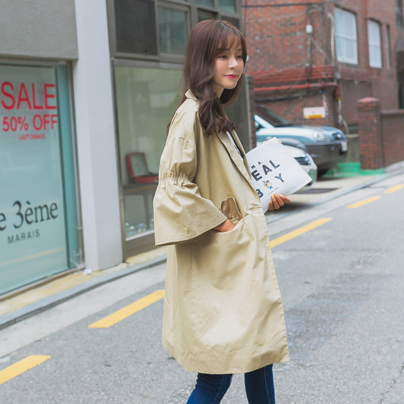 沐慕2016春秋装新款韩版西装领外套单排扣薄款卡其色风衣女中长款