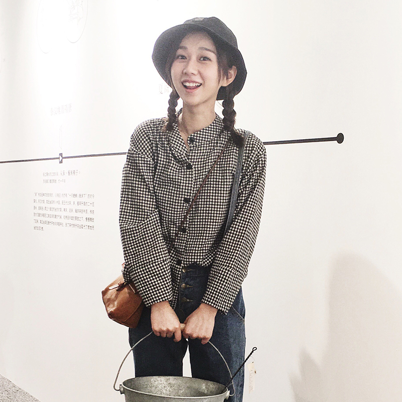 立领格子衬衫女2016清新韩范女装学生长袖宽松百搭学院风衬衣外套