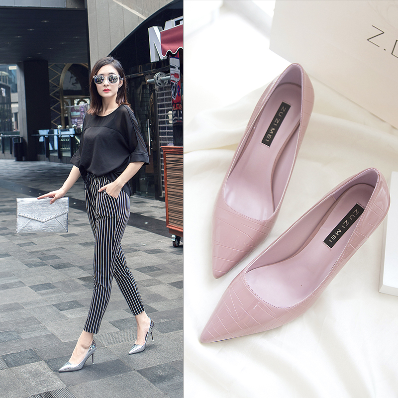 2016秋季新款浅口中跟漆皮女鞋子性感夜店职业尖头高跟鞋细跟单鞋