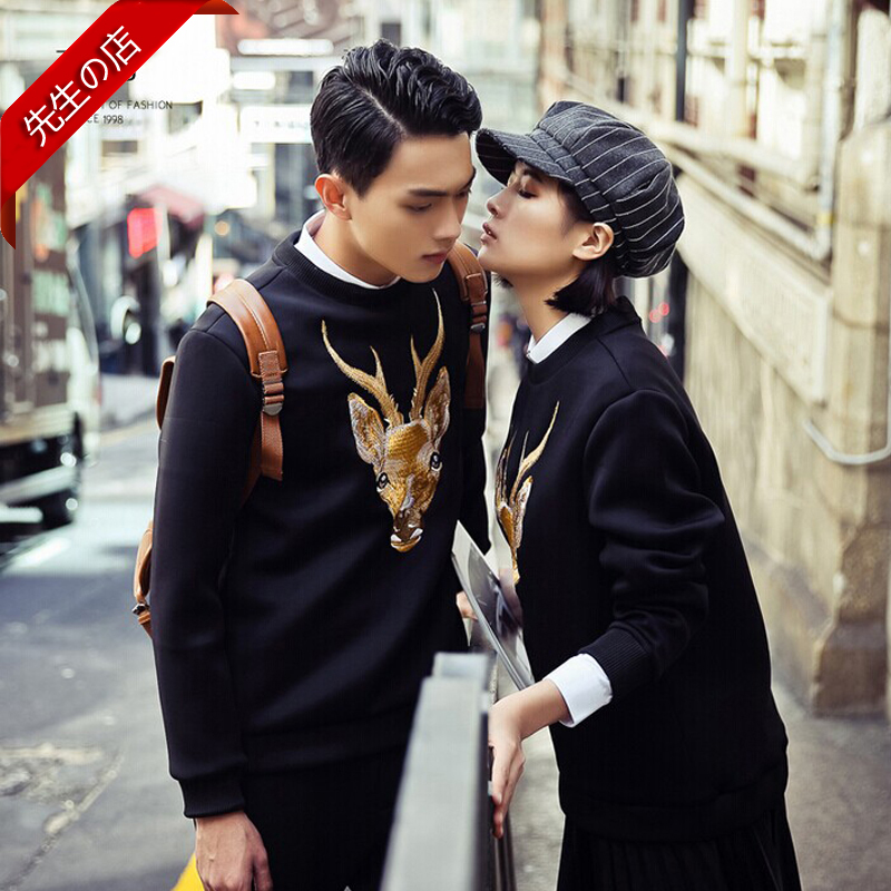 权志龙加绒加厚鹿头太空棉套头卫衣冬潮男新款绣花时尚情侣装男女