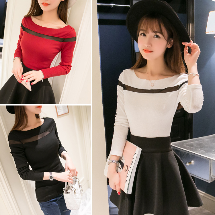 韩版春秋季打底衫上衣拼接纱网长袖修身显瘦针织衫甜美t恤女学生