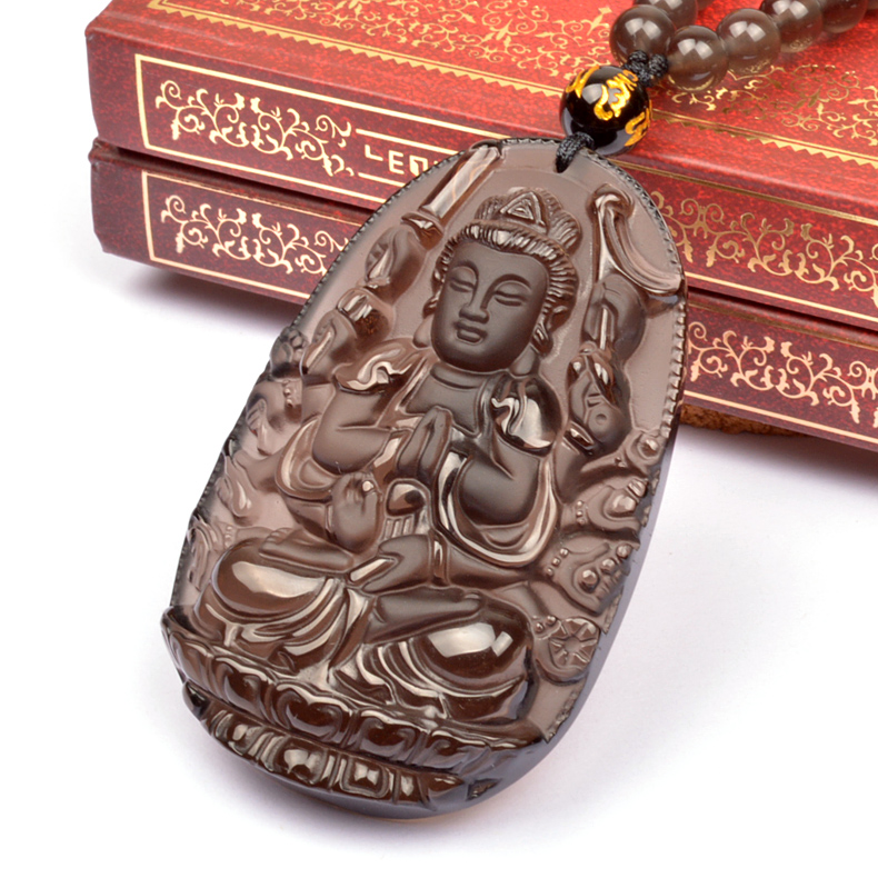 福敏开光冰种天然黑曜石千手观音吊坠 属鼠守护神本命佛男女款