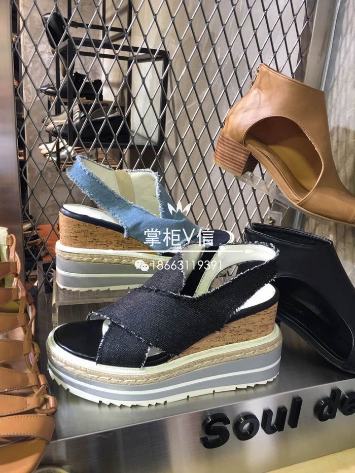 韩国代购东大门女鞋正品16夏新款松糕底帆布交叉坡跟厚底高跟凉鞋