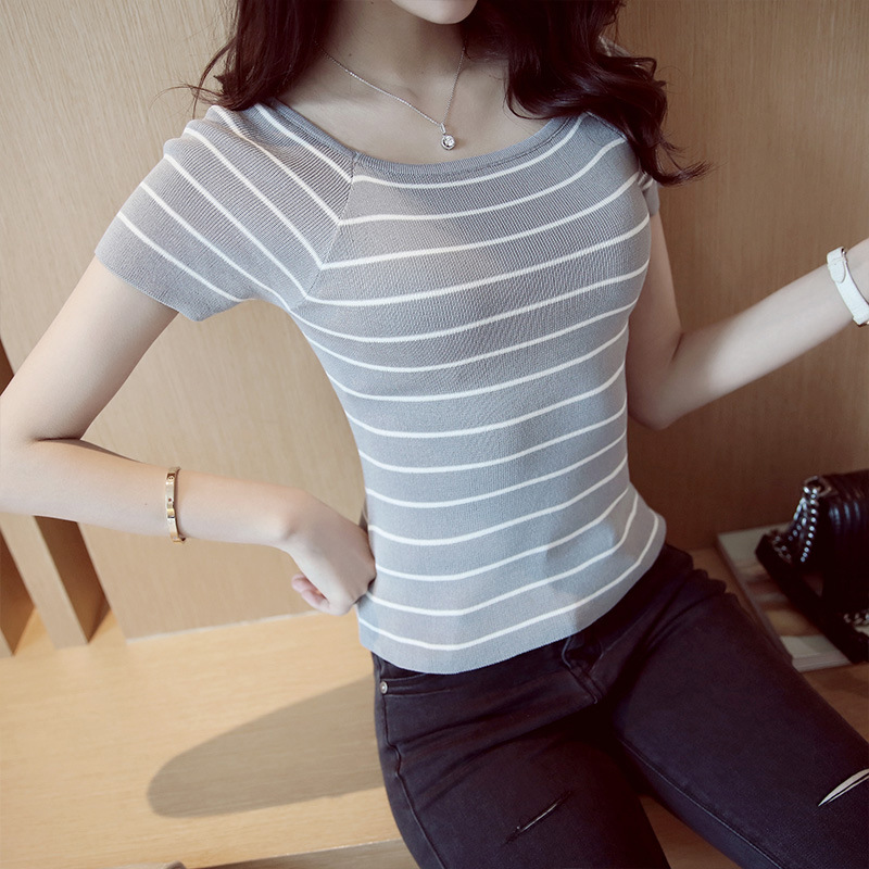 一字领学生条纹短袖T恤小款修身显瘦弹力冰丝针织打底衫女春夏季