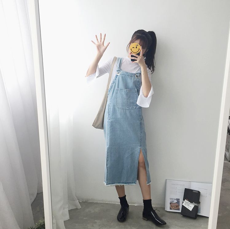 2016春秋新款韩版水洗牛仔背带连衣裙女款休闲百搭吊带长裙子夏天