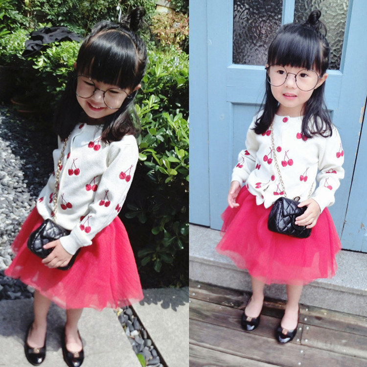 新秋装女宝宝12345岁针织开衫儿童樱桃绣花针织衫毛线衫毛衣女童