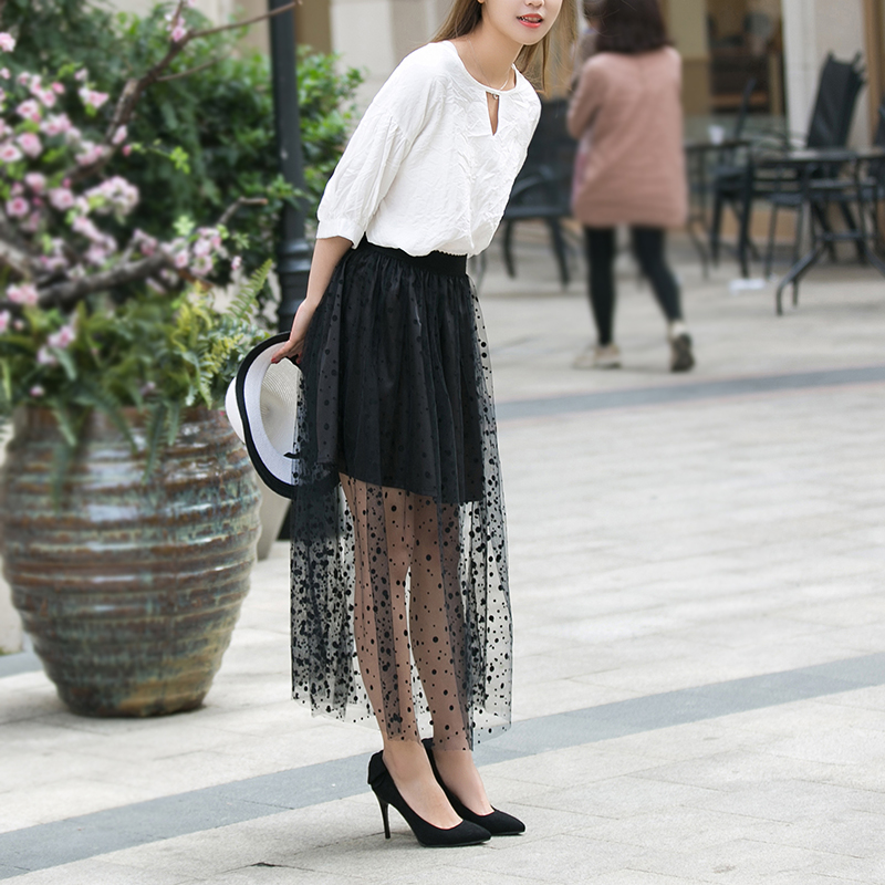 2016夏季新款韩版高腰显瘦黑色透视网纱蓬蓬裙中长大码网纱半身裙