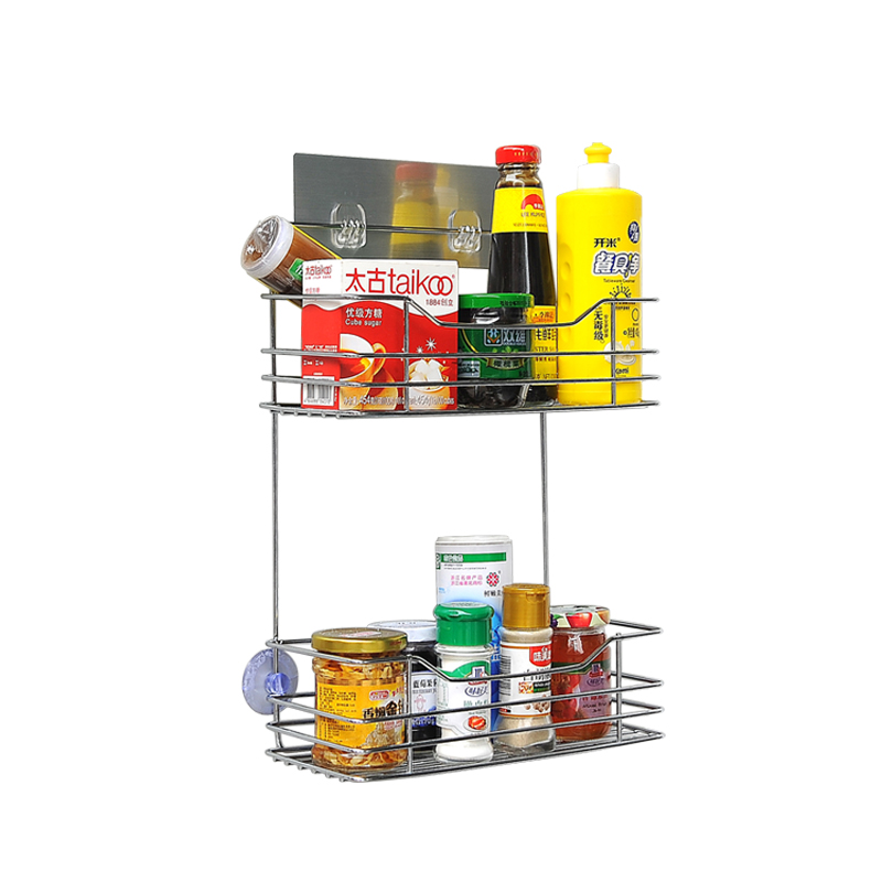 免钉不锈钢储物吸壁双层浴室收纳架挂架卫生间厨房墙上置物架包邮