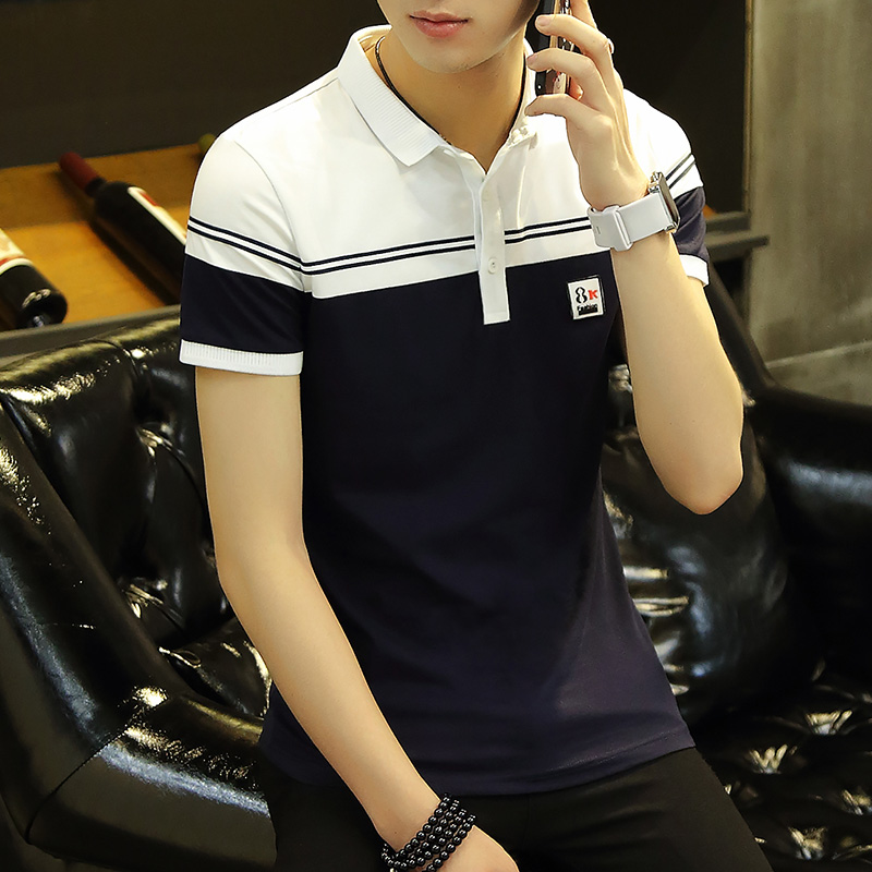 POLO衫短袖男翻领 夏季青年男士条纹衬衫领T恤韩版纯棉潮流牌男装