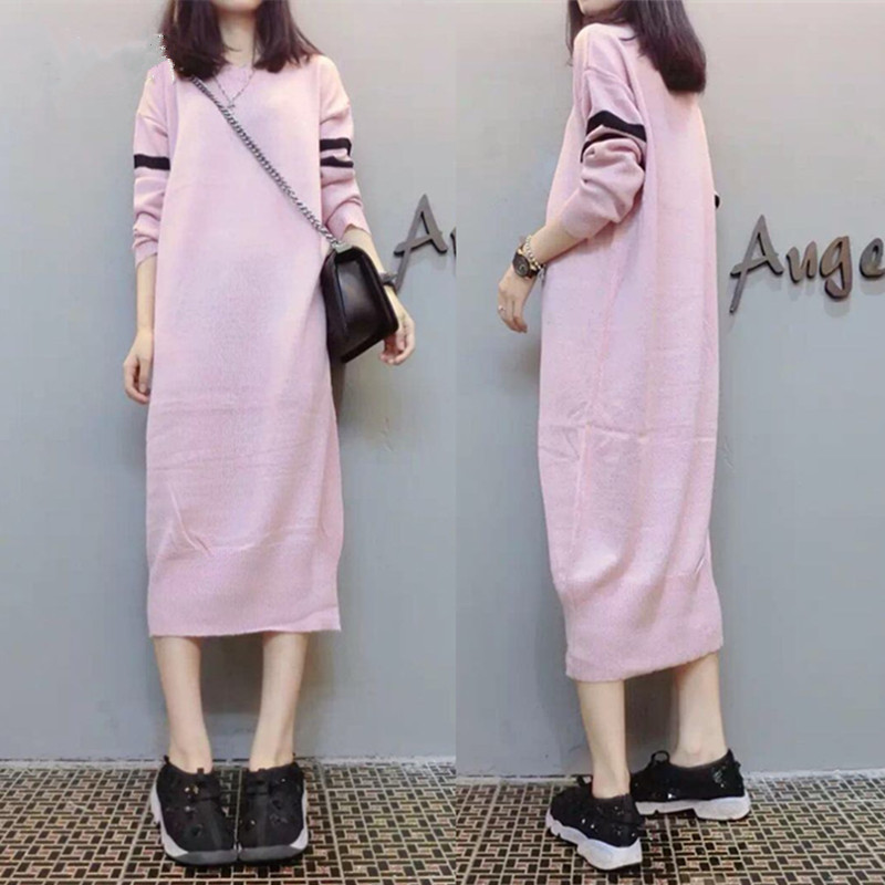 欧货潮长袖宽松显瘦休闲中长款针织连衣裙