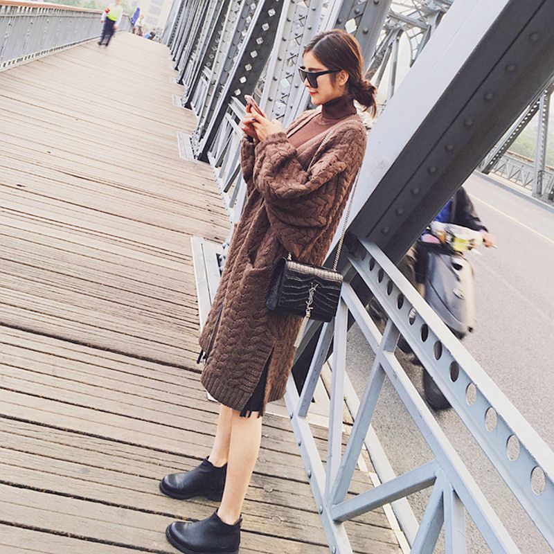 伙拼15冬装新品韩版气质宽松纯色长款全麻花毛衣开衫女加厚外套女