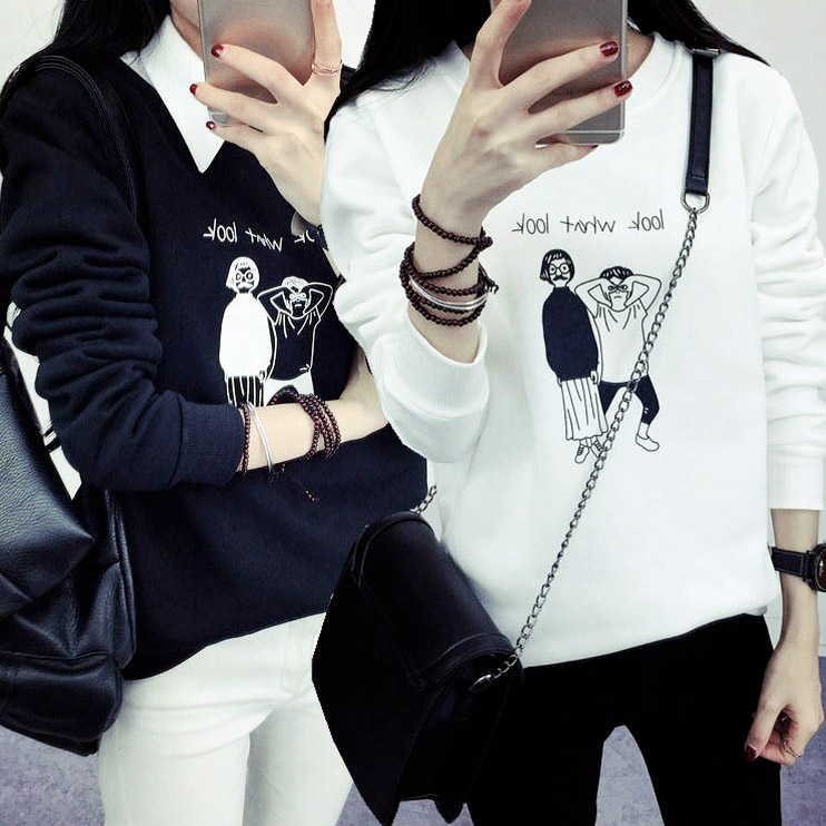 卫衣女长袖宽松圆领套头加绒加厚秋季韩版学生卡通印花百搭上衣潮