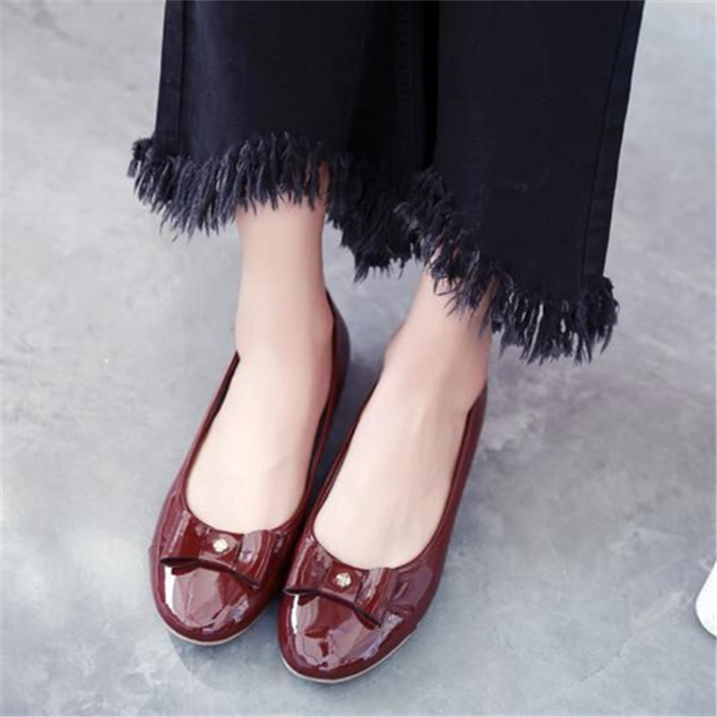2016新款软漆皮浅口平底内增高女鞋欧美圆头红色蝴蝶结舒适皮单鞋