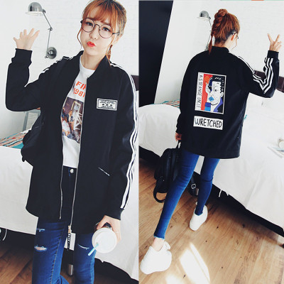 2016春季中长款棒球服女韩版宽松大码条纹个性涂鸦学生情侣外套潮