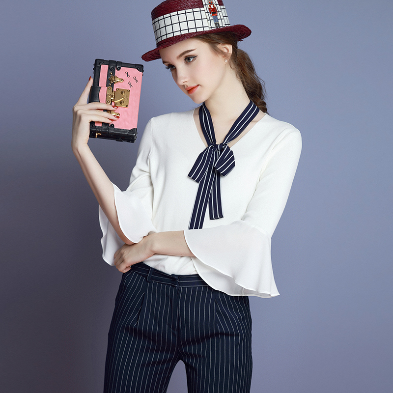 MIUCO女装2016早秋新款优雅淑女V领荷叶喇叭袖时尚衬衫上衣配领结