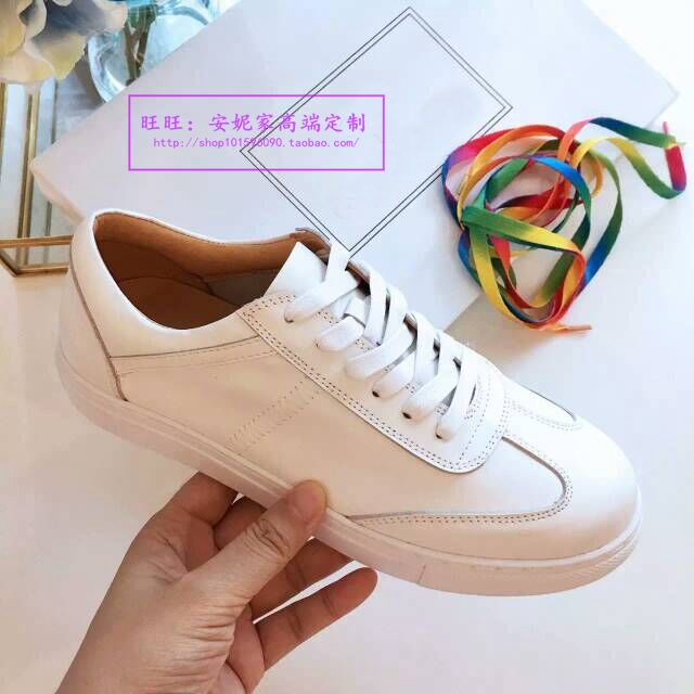真皮平底休闲小白鞋韩版彩虹系带学生女板鞋羊皮运动情侣白球鞋潮