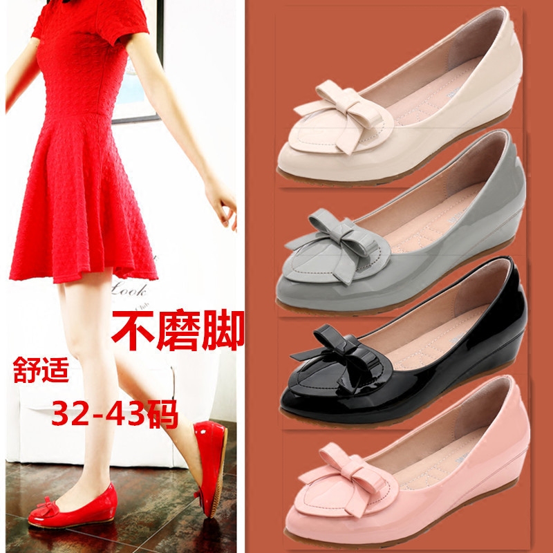 豆豆鞋女夏内增高平底女鞋尖头坡跟浅口工作鞋蝴蝶结百搭中跟单鞋