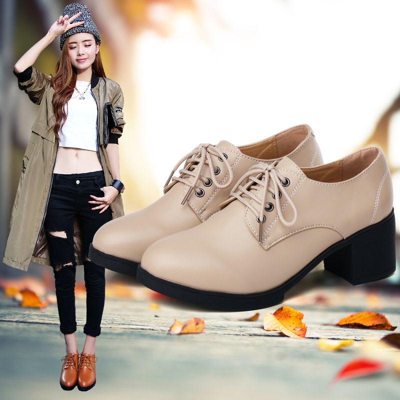 秋季女士皮鞋中跟鞋子粗跟高跟鞋系带欧美韩版百搭英伦风女鞋单鞋