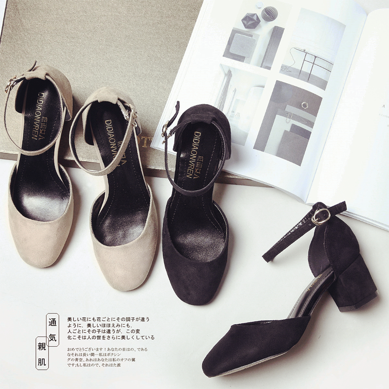 圆头绒面一字扣高跟鞋女夏2016新款绑带黑色百搭粗跟中跟浅口单鞋