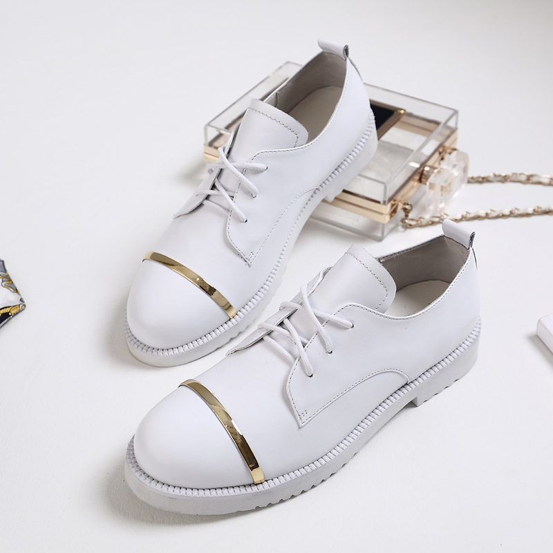 新款真皮小白鞋女黑色小皮鞋英伦学院风平底女鞋圆头系带深口单鞋