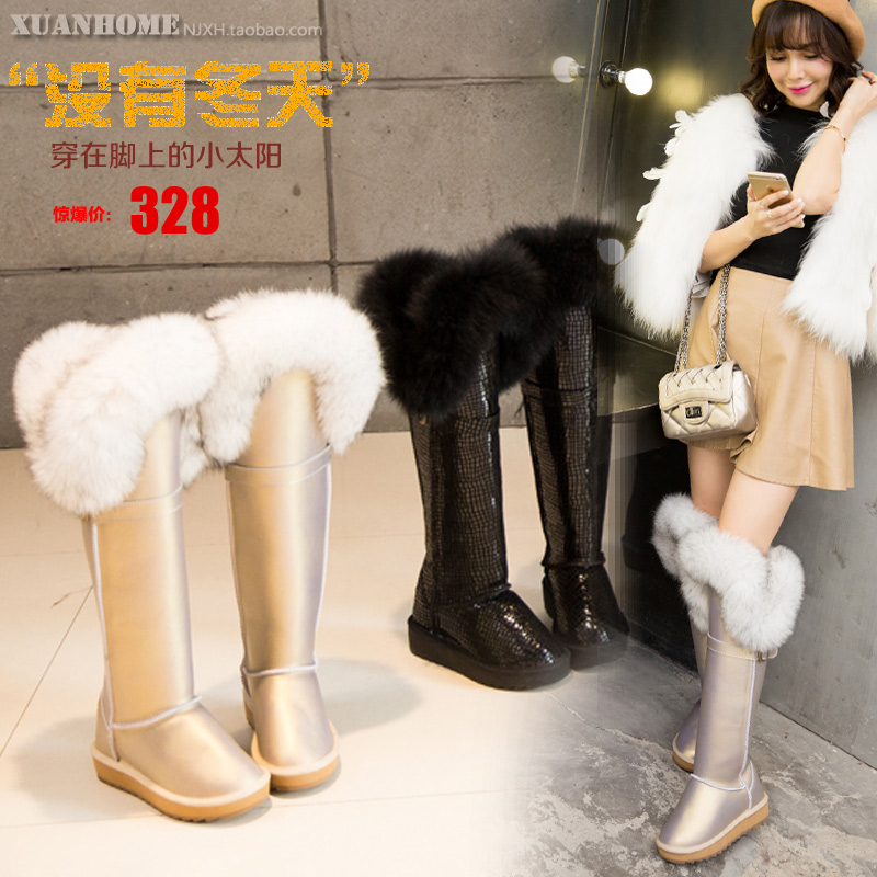 新款正品冬季超大狐狸毛过膝内增高防水真皮雪地靴女厚底高筒长靴