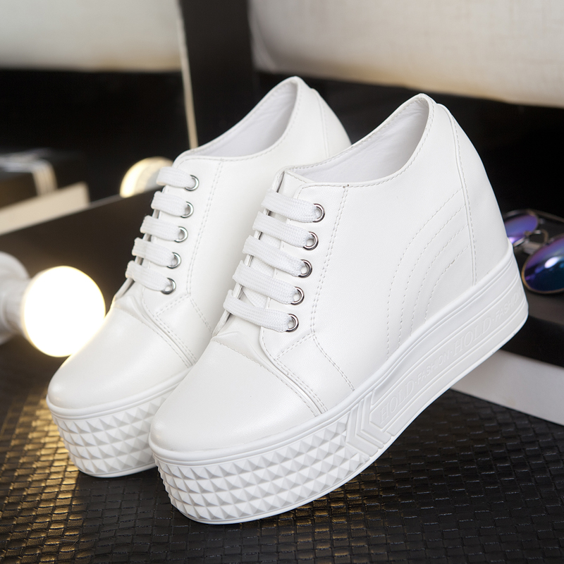 秋季真皮内增高小白鞋系带松糕平底学生百搭休闲乐福鞋厚底单鞋女