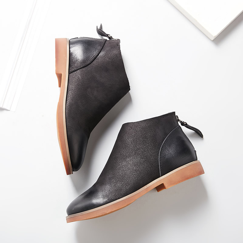 秋季单靴拉链休闲平底马丁靴女靴平跟短靴真皮圆头机车及踝靴裸靴