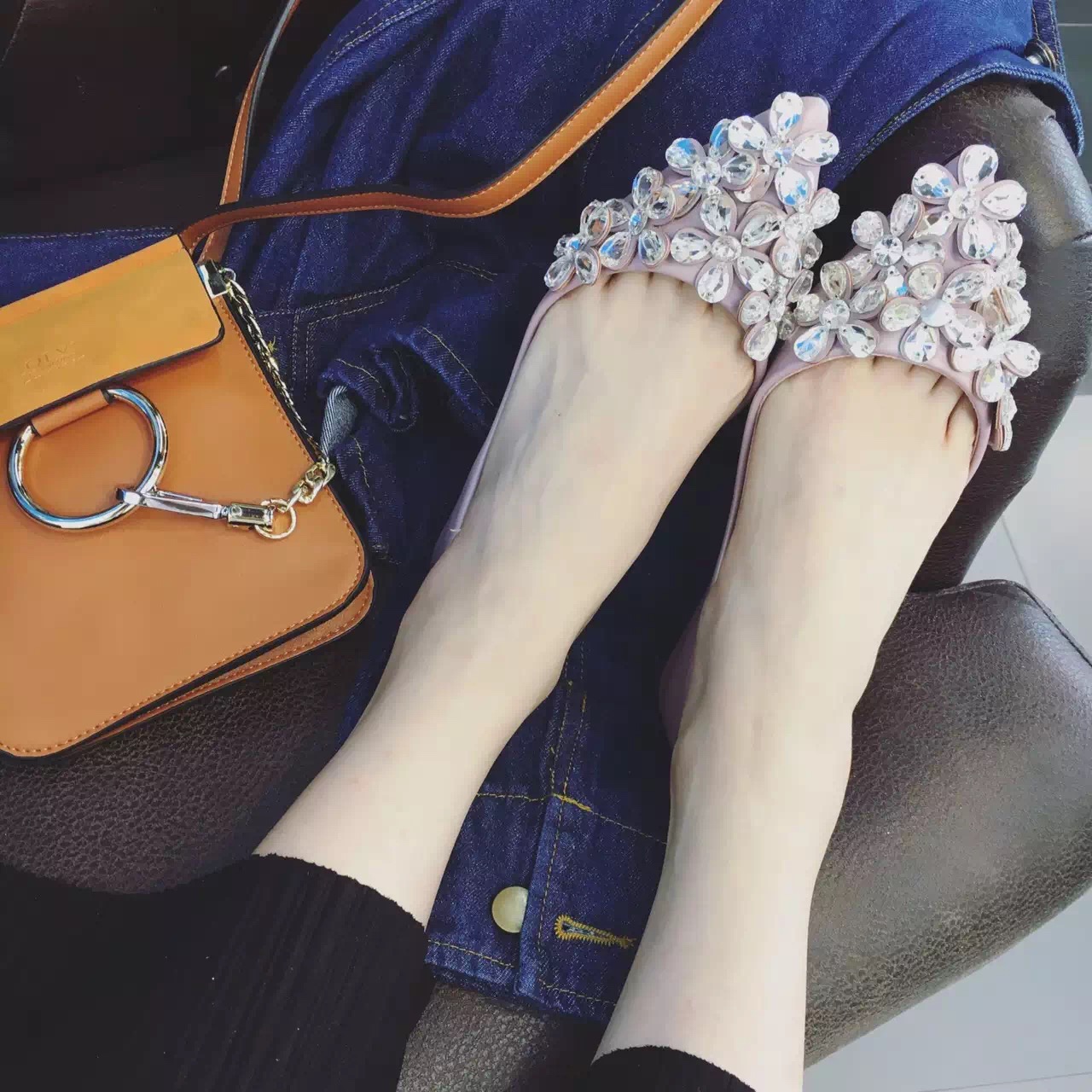 尖头单鞋女平底浅口软底2016夏季女鞋甜美百搭水钻花朵平跟瓢鞋女