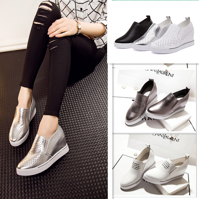 2016春夏新品真皮女鞋头层牛皮镂空透气休闲简约内增高单鞋乐福鞋