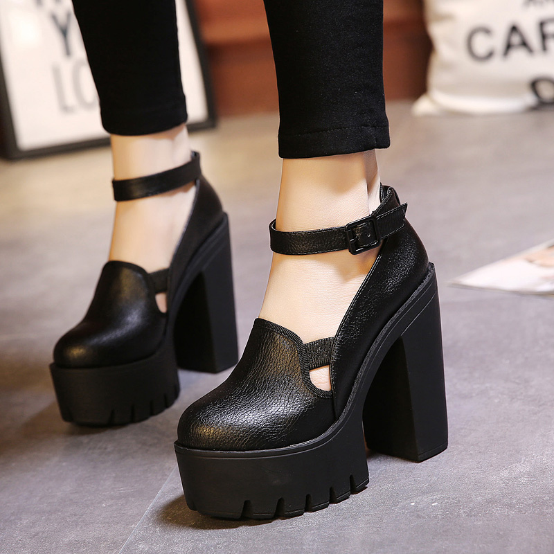 2016春季新款欧美圆头黑色单鞋浅口防水台厚底粗跟超高跟搭扣女鞋