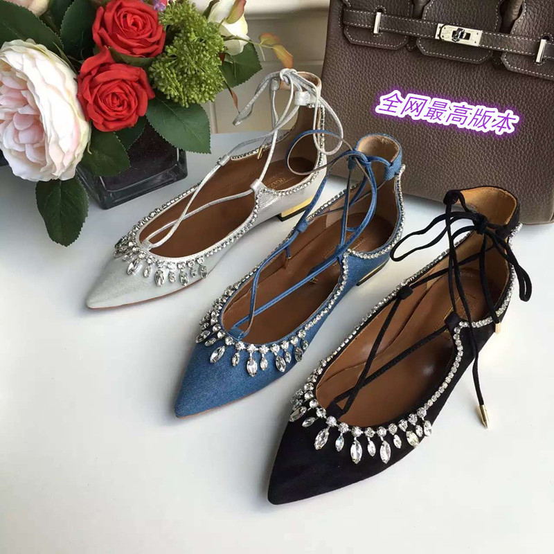 2016春款aquazzura绑带水钻尖头单鞋女 真皮浅口牛仔布平底鞋