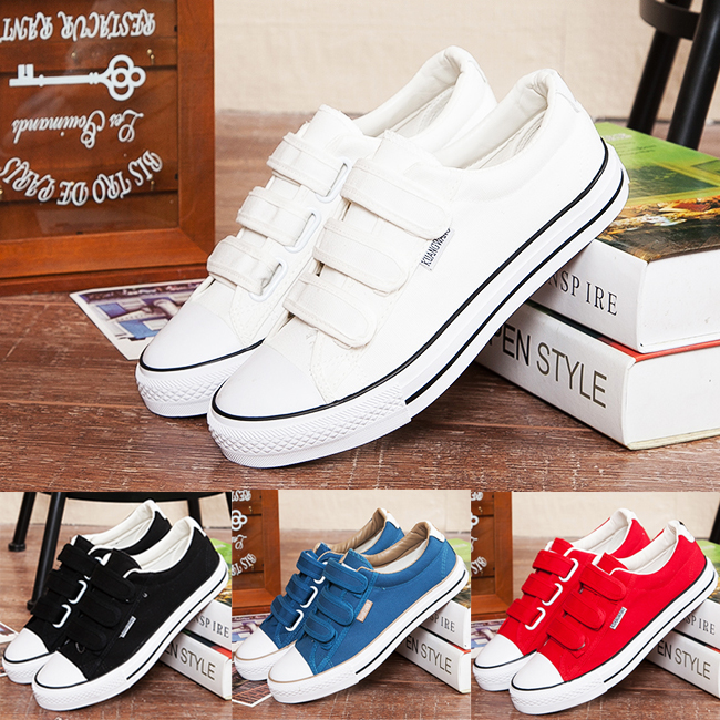 魔术贴红布鞋青少年板鞋男女休闲鞋韩版中学生粘扣帆布鞋黑白球鞋