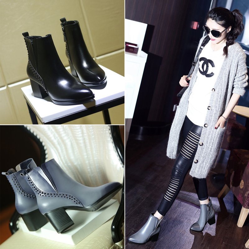 小拇指冬季尖头中跟铆钉靴粗跟真皮复古短靴英伦加绒牛皮靴女靴子