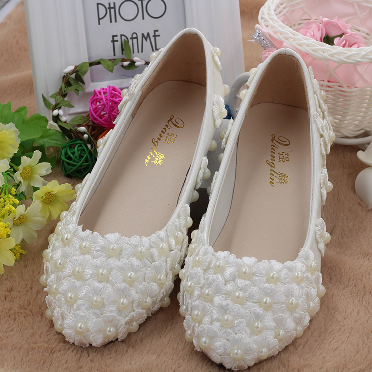 手工中跟婚纱鞋新娘鞋婚鞋白色平底蕾丝新娘结婚鞋平跟低跟伴娘鞋
