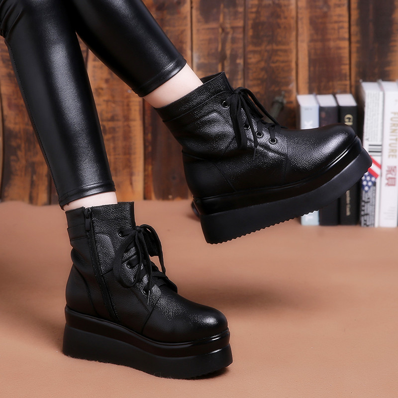 欧洲站2016秋冬松糕厚底短靴女鞋真皮防水台粗跟高跟马丁靴潮百搭