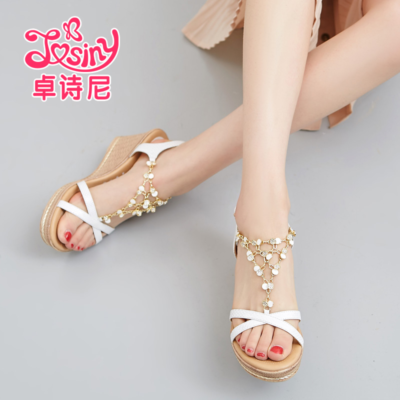 卓诗尼凉鞋女夏坡跟正品韩版水钻厚底学生休闲高跟女鞋162134870