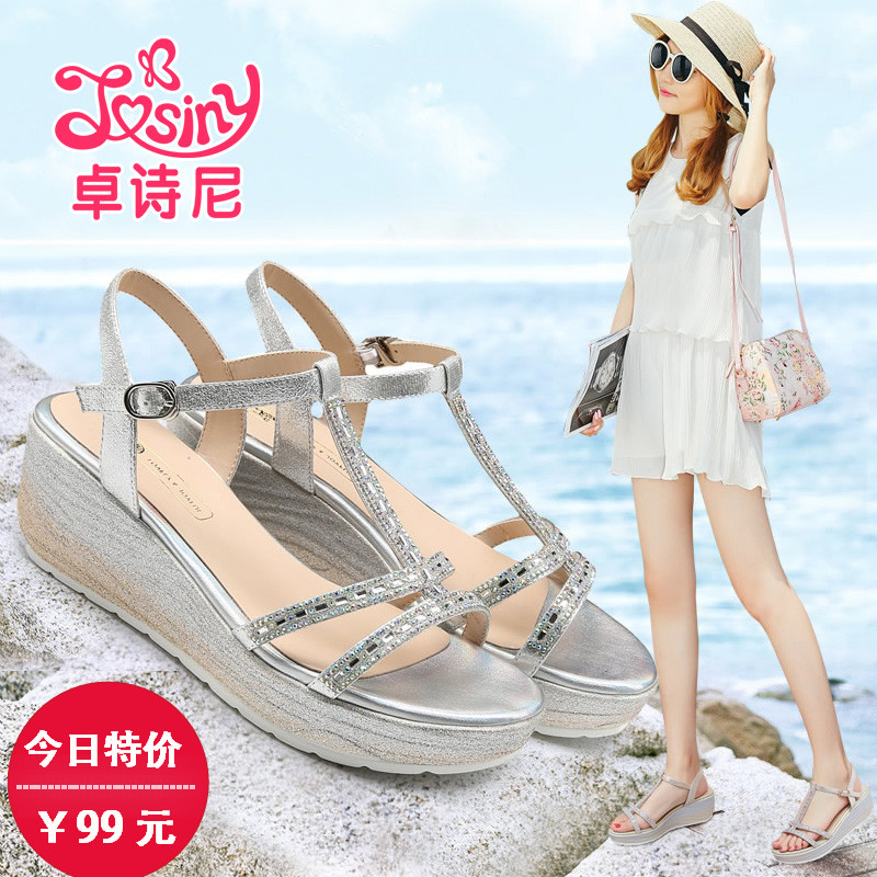 卓诗尼2016新款女款坡跟凉鞋夏季高跟鞋夏天厚底学生鞋露趾淑女鞋