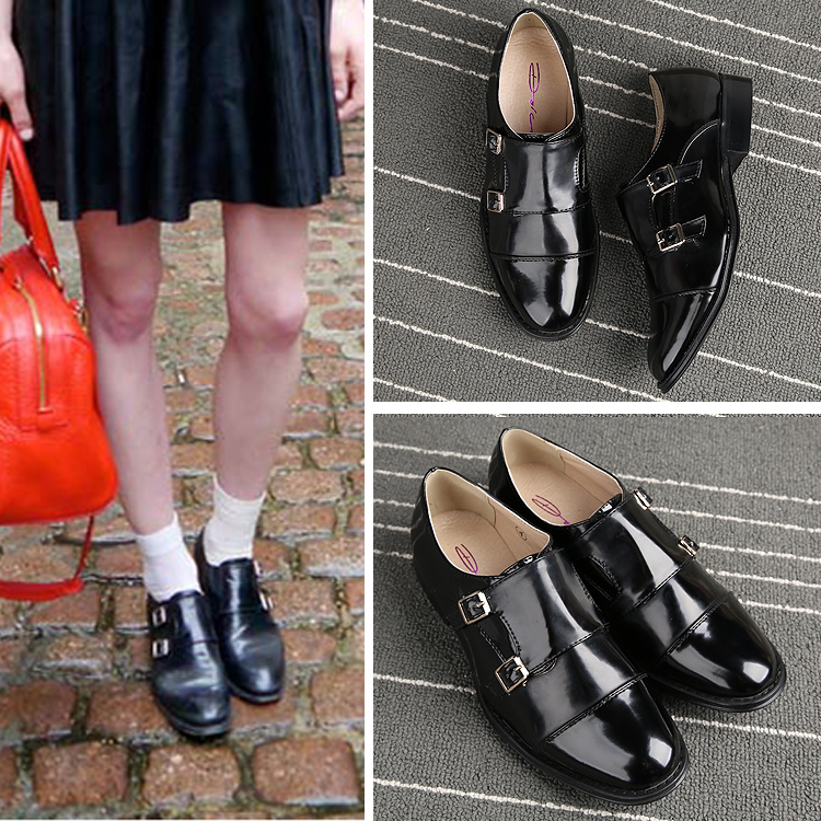 英伦风新款漆皮单鞋百搭秋鞋外贸工作鞋皮带扣圆头平底小皮鞋女夏