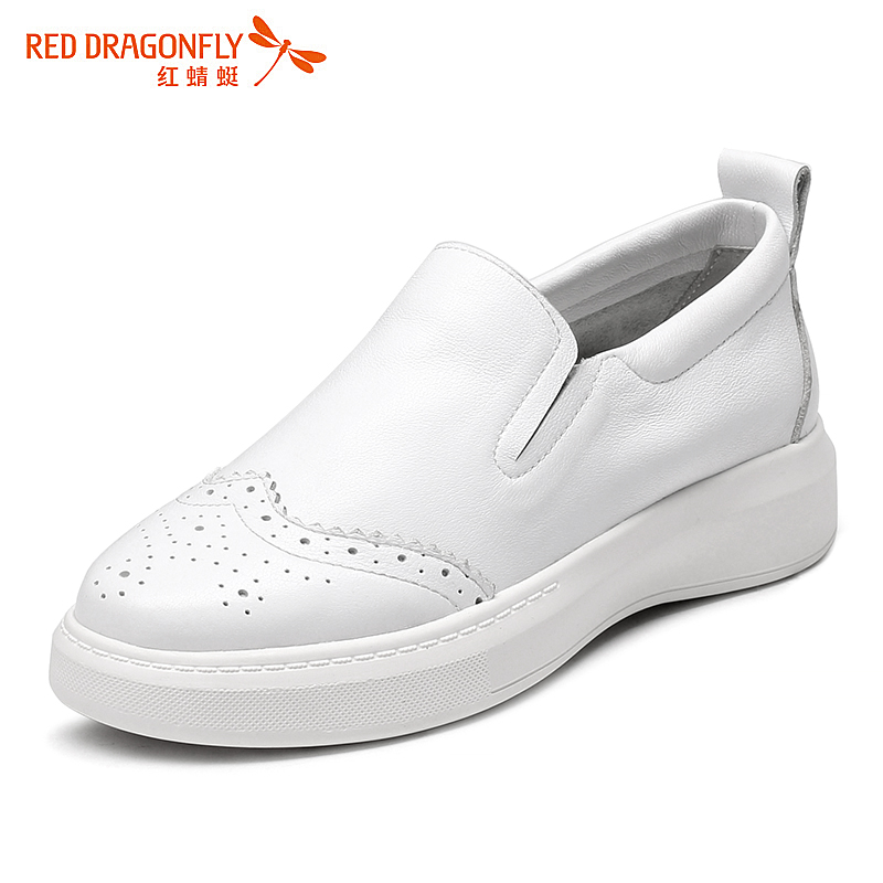 红蜻蜓女鞋2016秋季新款真皮厚底小白鞋韩版舒适平底休闲鞋女单鞋