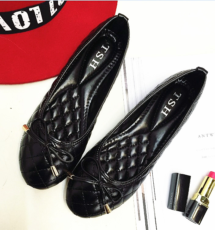 舒适软底圆头浅口平底女鞋甜美蝴蝶结平跟单鞋瓢鞋OL黑色工鞋大码