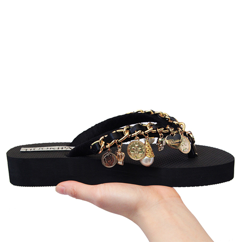 IT HOOKIPA金属链条拖鞋女夏沙滩坡跟高跟防滑人字拖鞋女厚底水钻