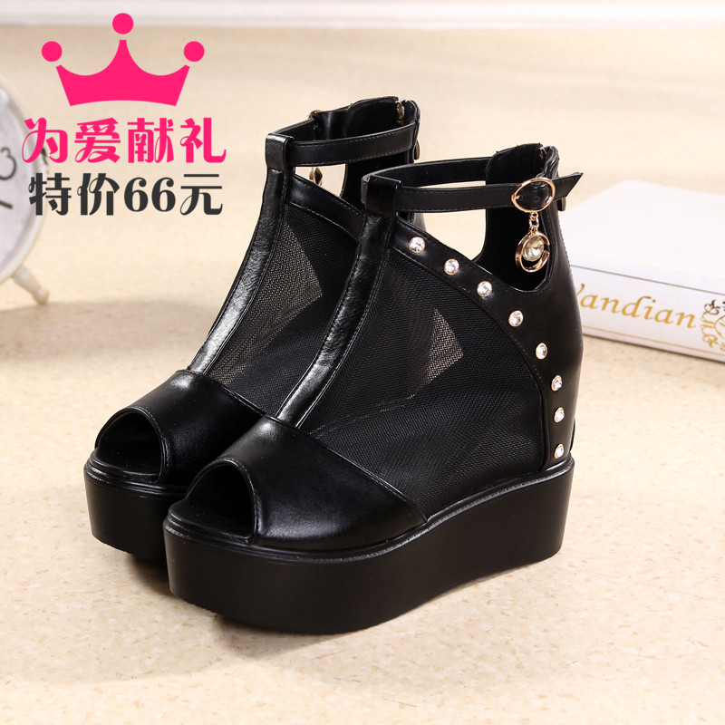 新款厚底隐形内增高鱼嘴透气网纱松糕女鞋坡跟舒适高跟百搭休闲鞋