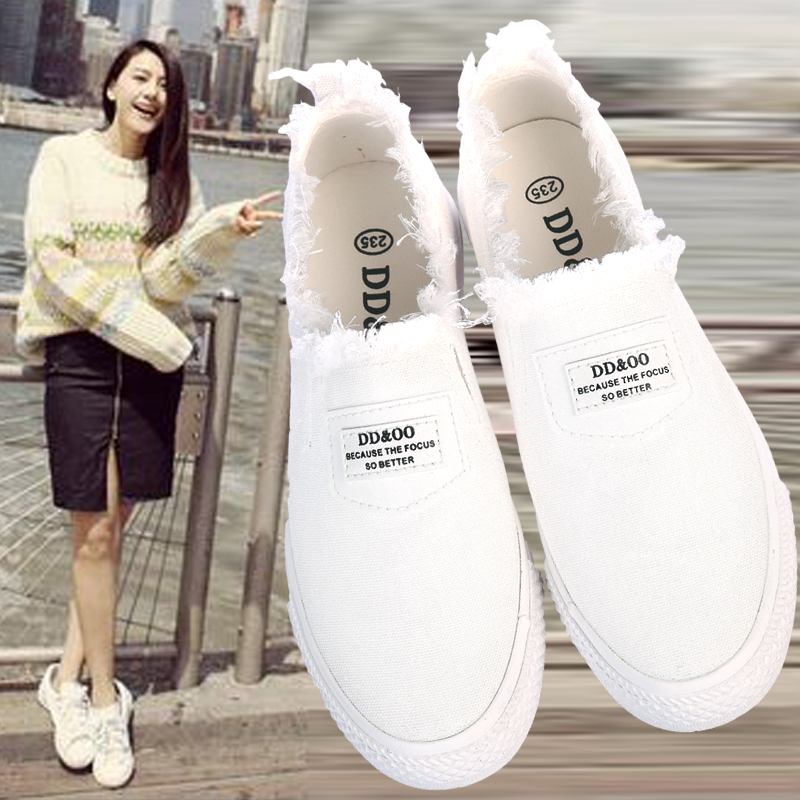 春夏小白鞋女平底休闲学生鞋板鞋一脚蹬懒人鞋透气女鞋子韩版布鞋