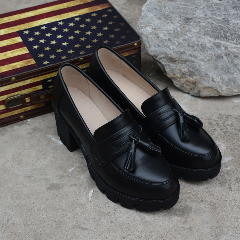 2016新款高跟厚底乐福鞋防水台复古圆头粗跟单鞋真皮浅口套脚女鞋