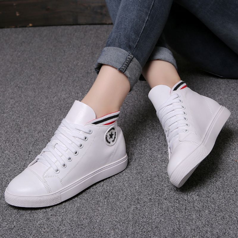 2016新款秋真皮高帮鞋女厚底内增高休闲小白运动平底板鞋女韩版潮