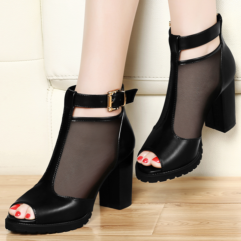 网纱蕾丝鱼嘴凉鞋高跟鞋短靴网面夏天凉鞋女中跟粗跟套脚韩版简约